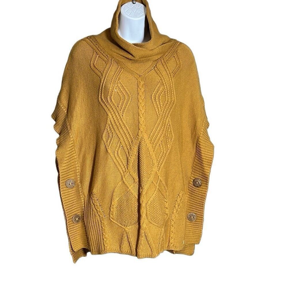 Pure Knits Women's Cowl Neck Cable Knit Poncho sweater Mustard Size Small